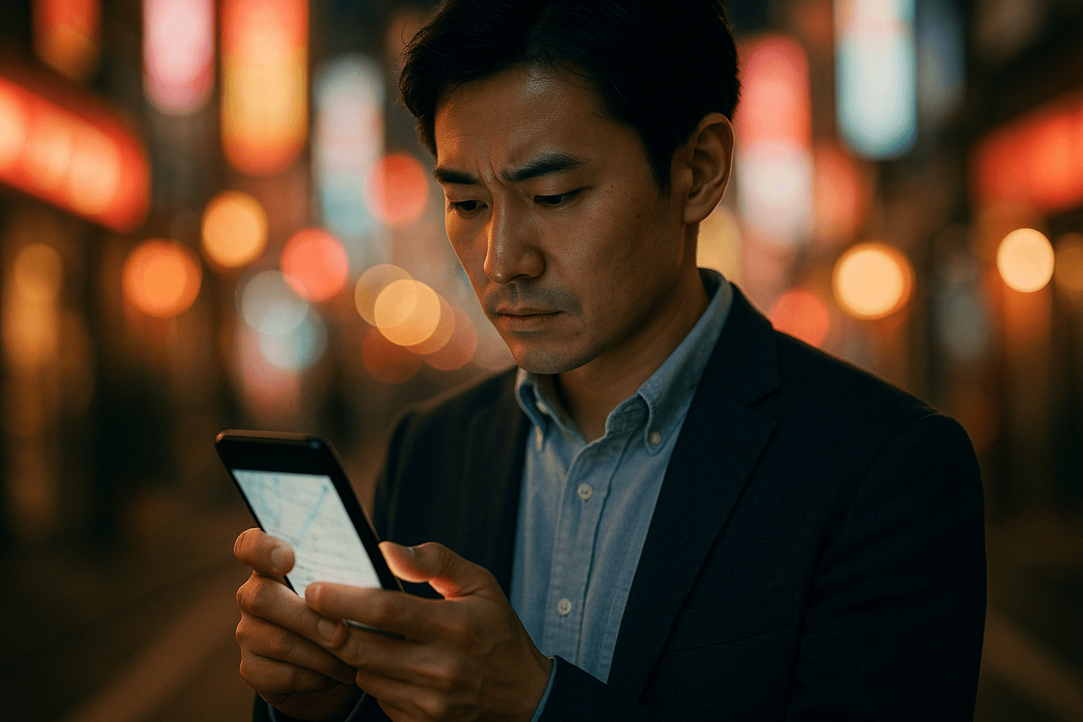 夜の街でスマートフォンを使い、入る店を事前に調べて選ぶ人物