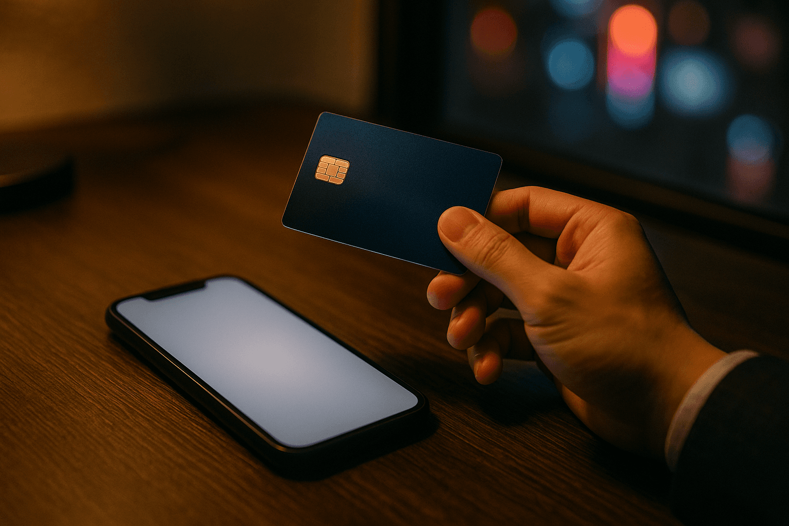 クレジットカードを手にスマートフォンでカード会社へ連絡する手元