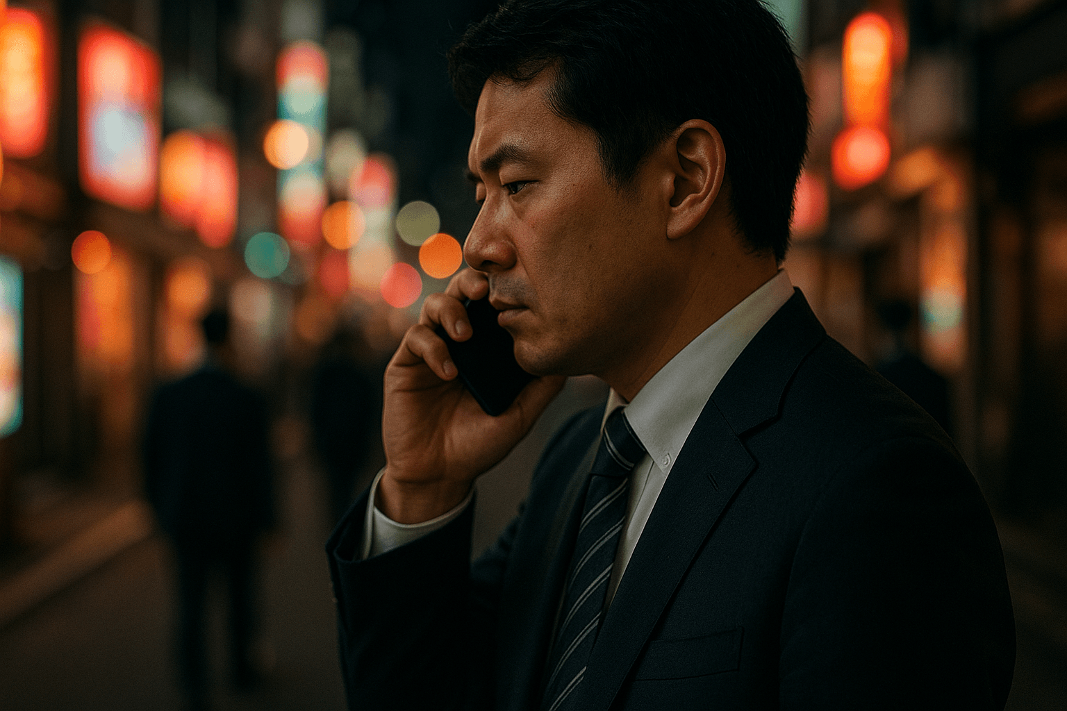 夜の街角でスマートフォンを耳に当てて相談する人物