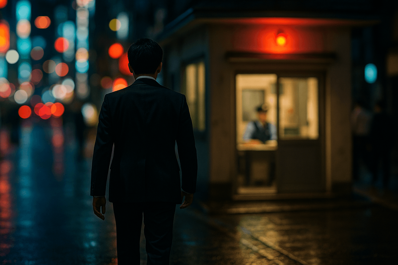 夜の街で明かりのついた交番に向かって歩くサラリーマン