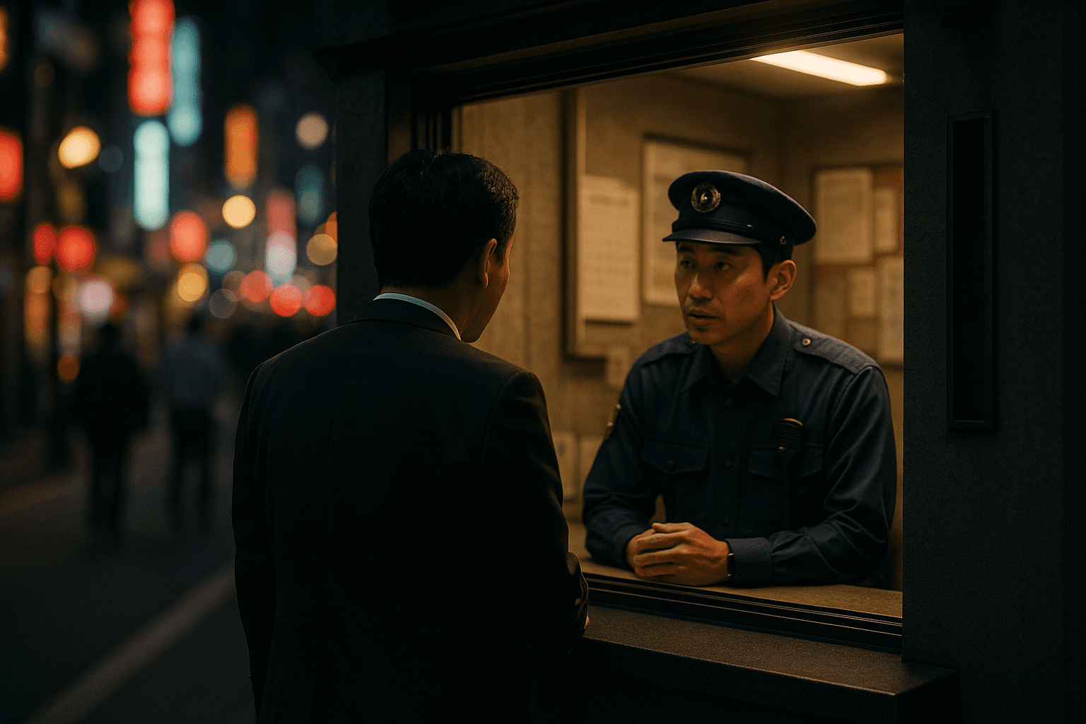 夜の交番の前で警察官に被害を相談する人物