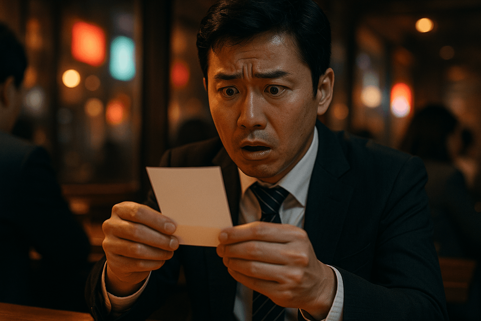 薄暗い店内で会計伝票を手にして驚く人物の様子