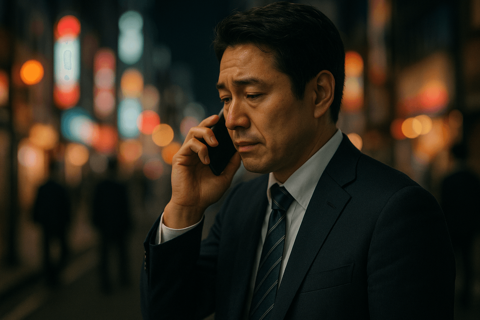 夜の街角でスマートフォンを耳に当てて相談する人物の様子