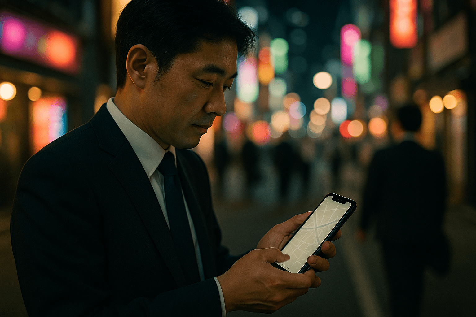 夜の街でスマートフォンの地図を確認して店を選ぶ人物の様子