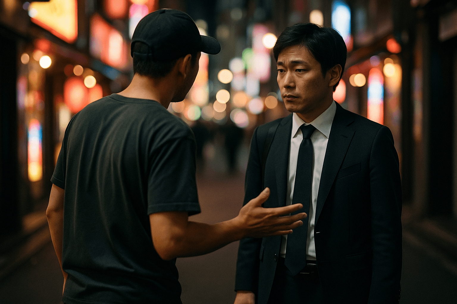 夜の路上で歩行者に話しかける客引きの様子