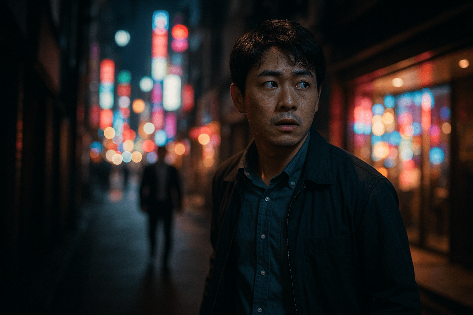 夜の繁華街で、後ろからついてくる人物を警戒して振り返りながら明るい通りへ向かう人