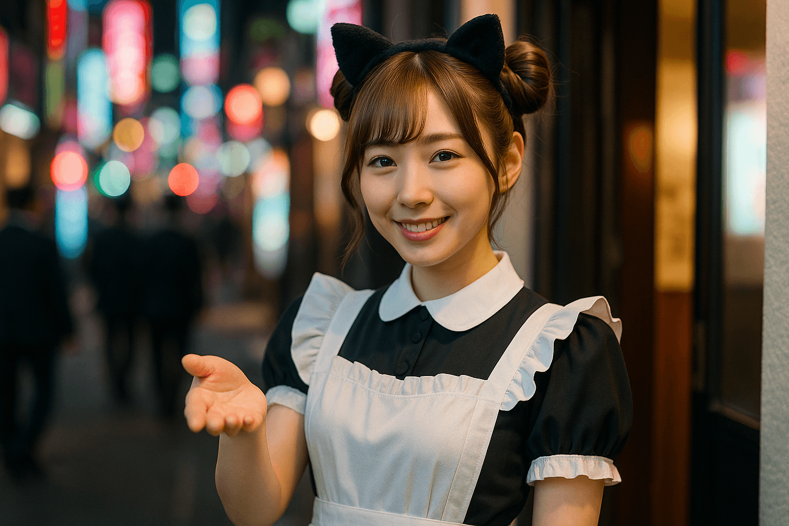 夜の繁華街の店先で、猫耳をつけたメイド風衣装の女の子が通行人に向かって笑顔で手招きしている様子
