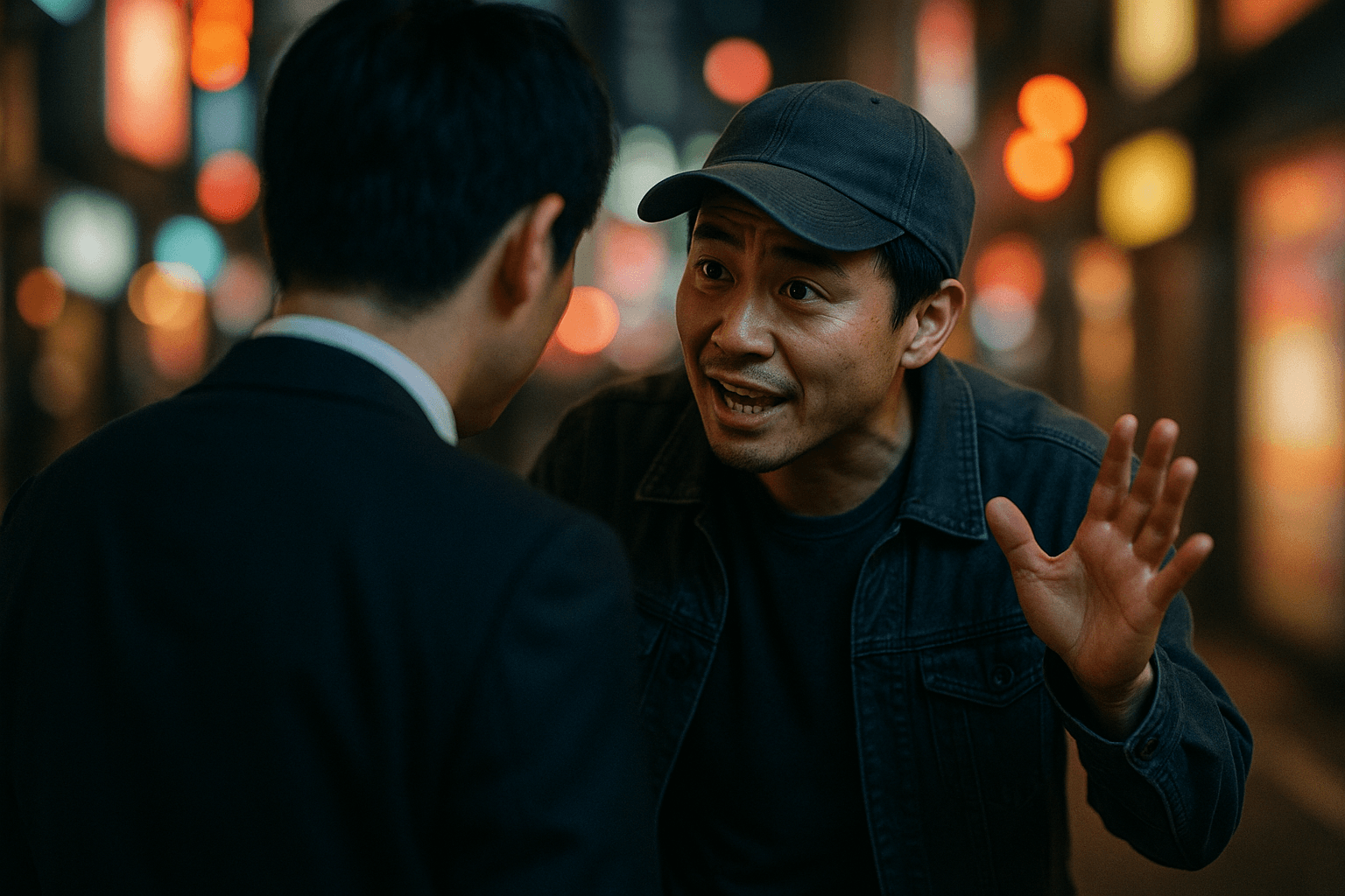夜の繁華街で、通行人に一歩踏み込んで話しかける男性キャッチを、距離を置いて見る人物