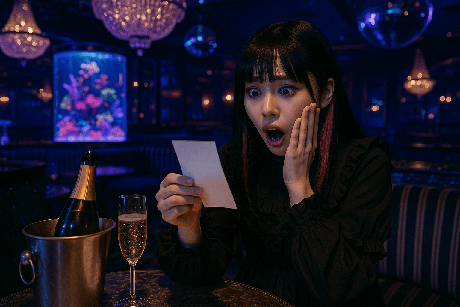 青く煌びやかな高級ラウンジの店内で、シャンパンが開けられたテーブルでレシートを見て愕然としている地雷系メイクの女の子