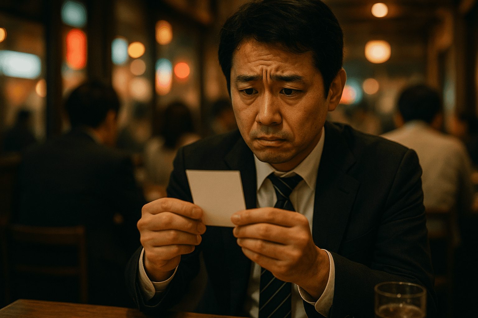 居酒屋の伝票を手にして金額を確かめる人物の手元