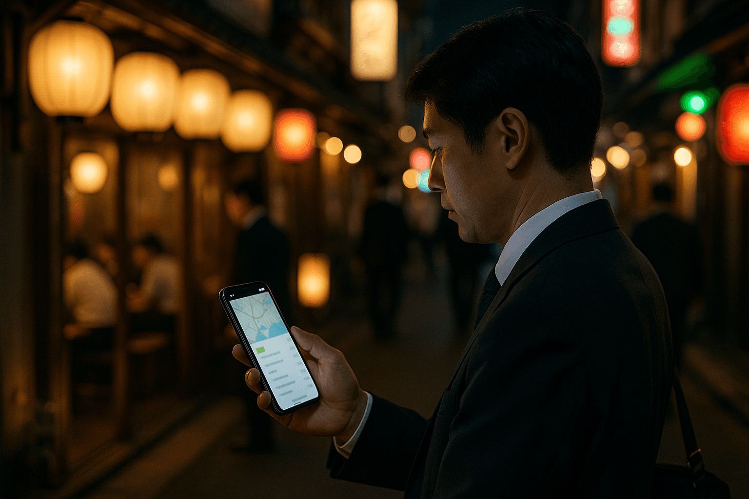 夜の街でスマートフォンを使い、入る店を事前に調べる人物